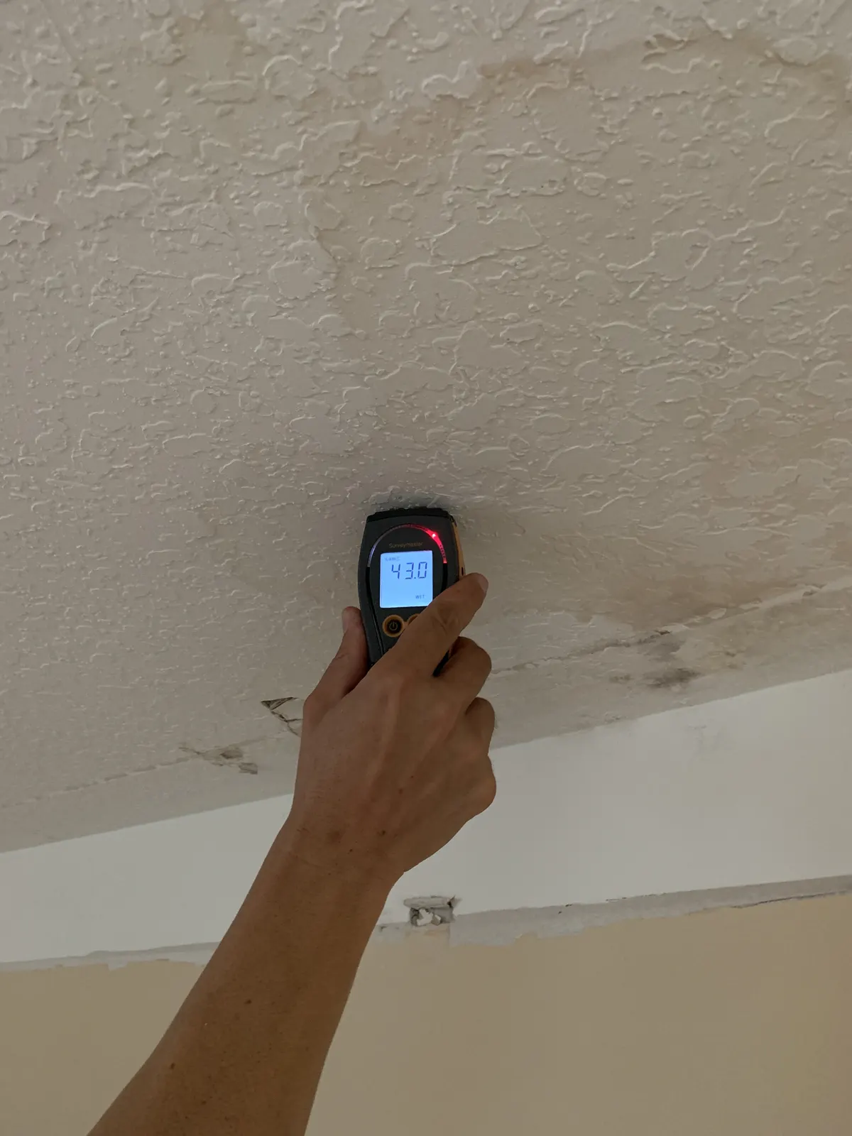 Adjuster pressing a moisture meter against a water-stained ceiling to measure moisture levels